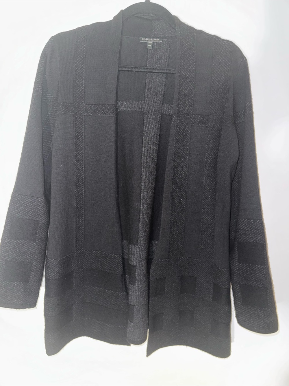 Eileen Fisher Black Open-Front Geometric Knit Cardigan